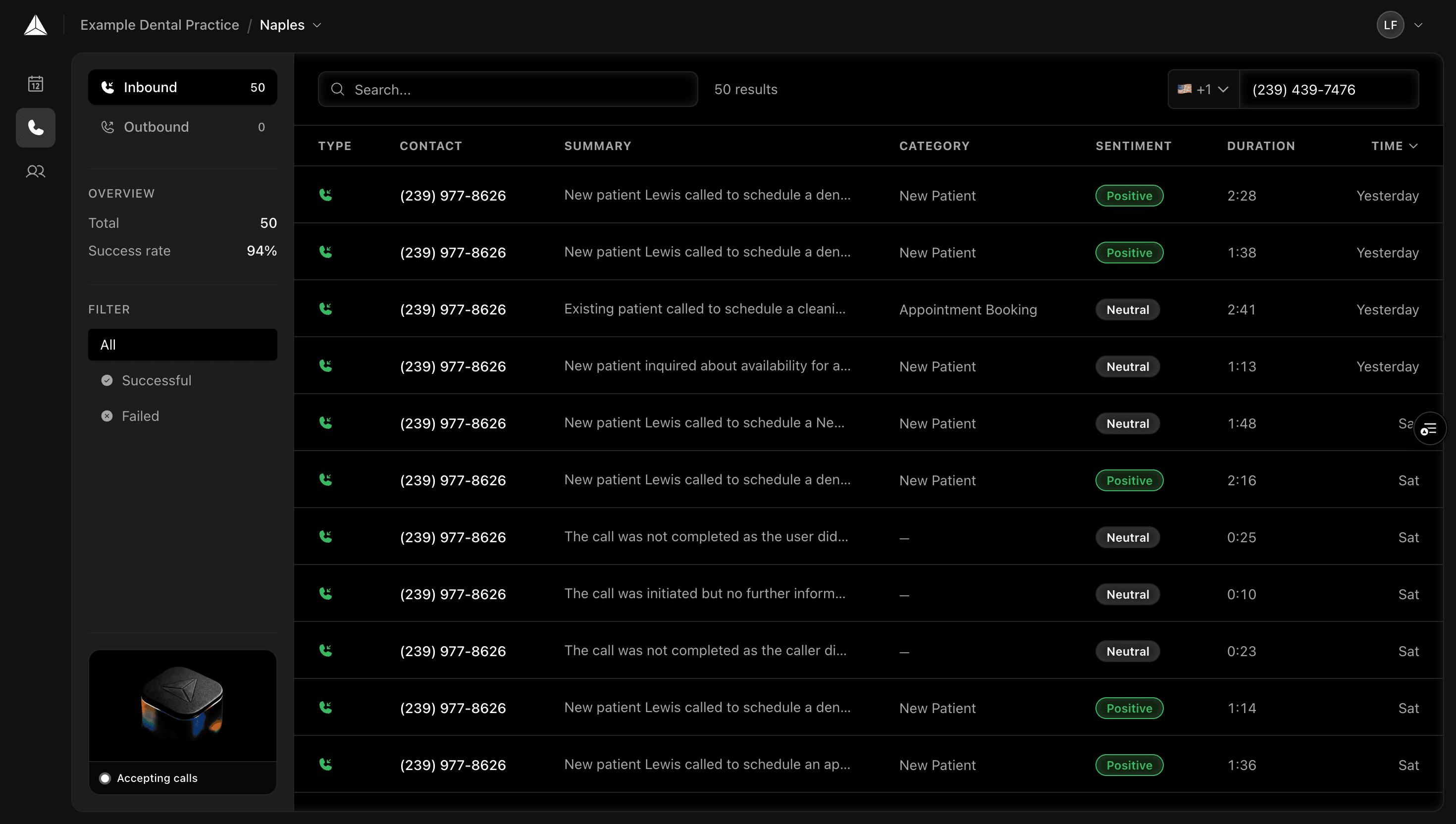 Selcor AI calls dashboard