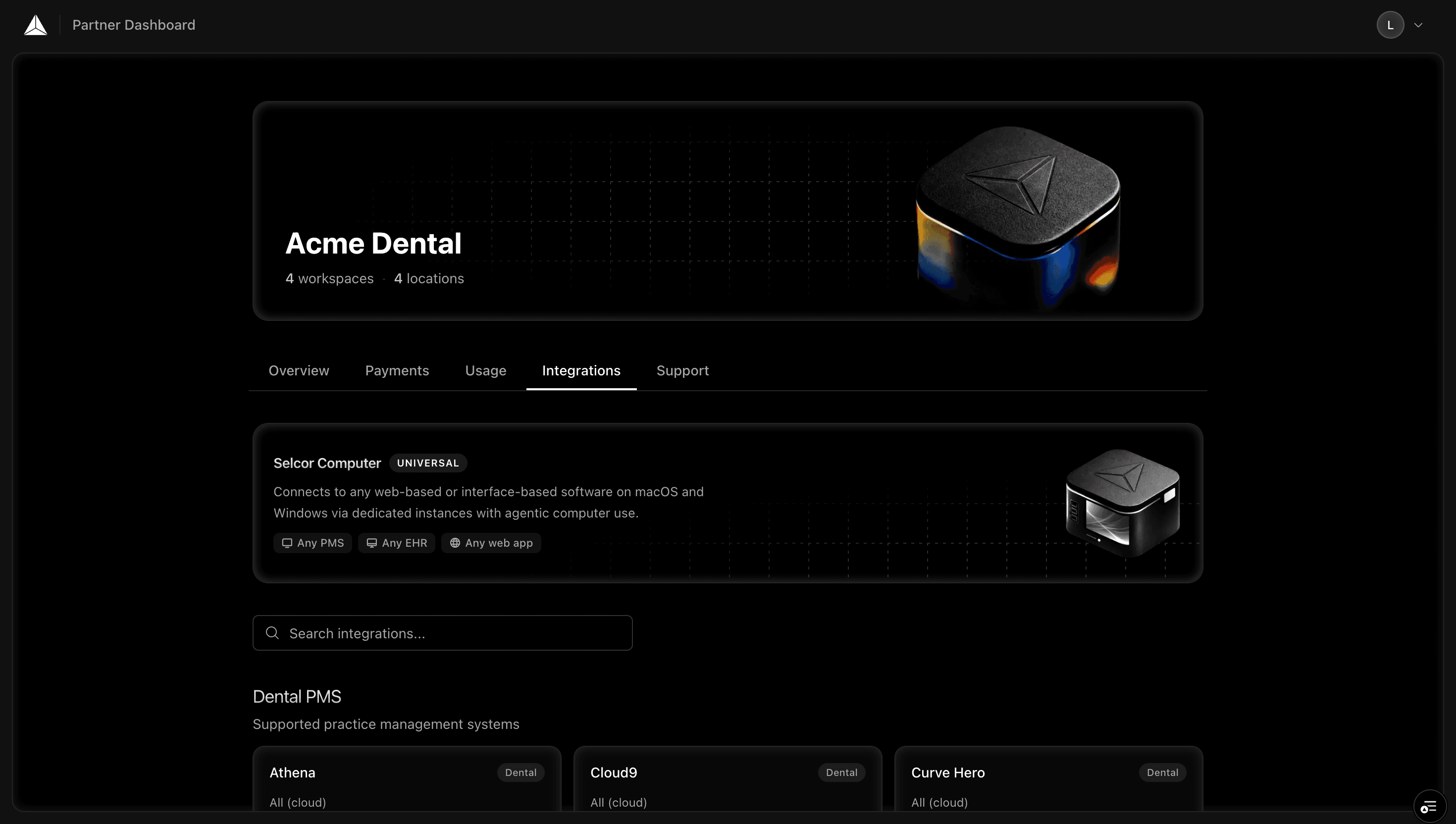 Selcor API integrations dashboard