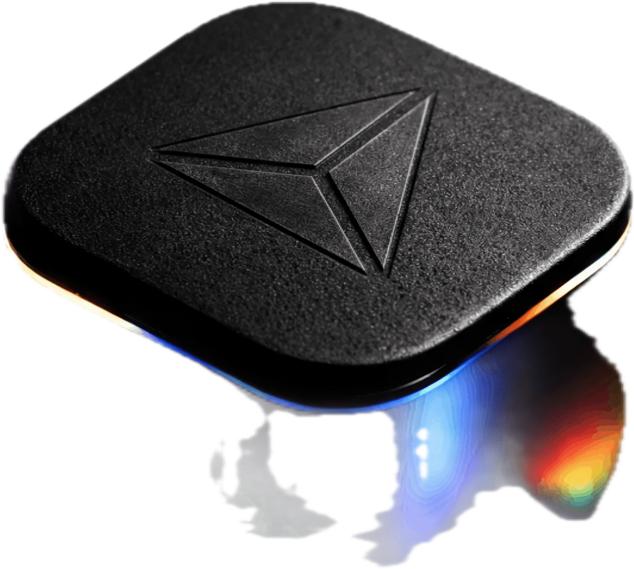 The SELCOR trihedral mark embossed on a black glass artifact